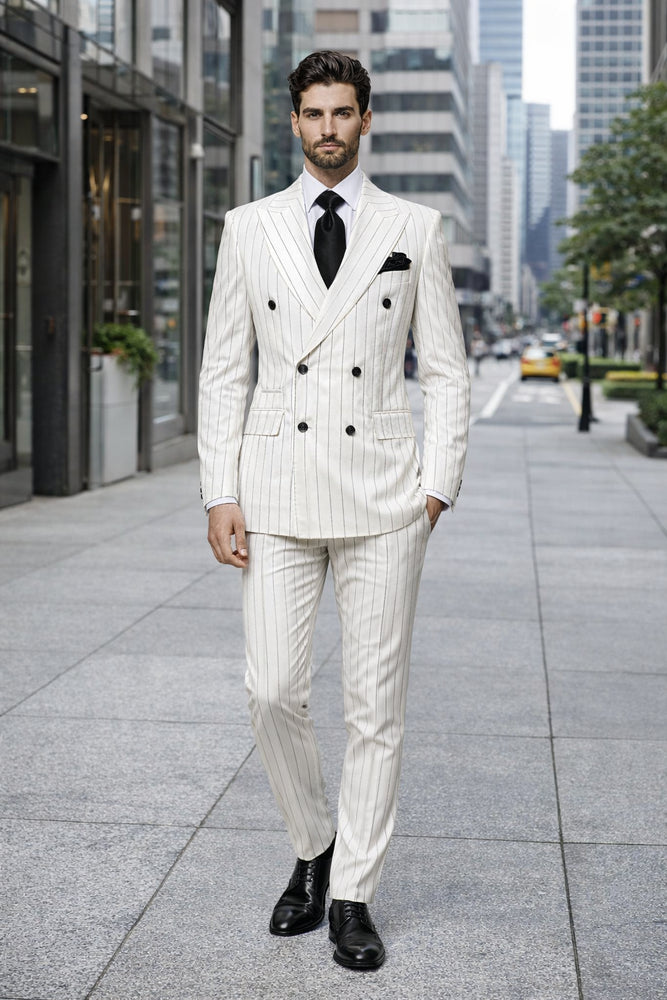 Imperial White Double-Breasted Pinstripe 3-Piece Couture Suit by Rossiman