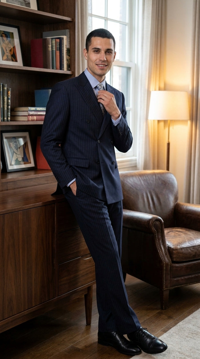 Men’s Dark Navy Blue Pinstripe Double Breasted Suit, Formal Business Wedding Dress Suit