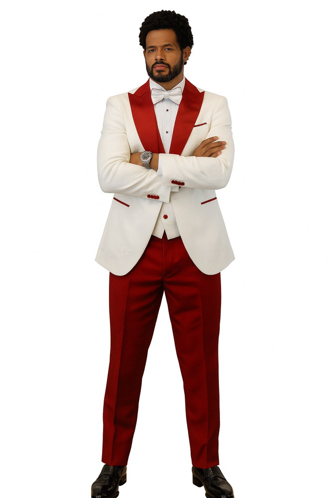Hilton White and Red Paisley Peak Lapel Tuxedo Jacket with Matching Shawl Vest and Wool Pants – Includes Bow Tie
