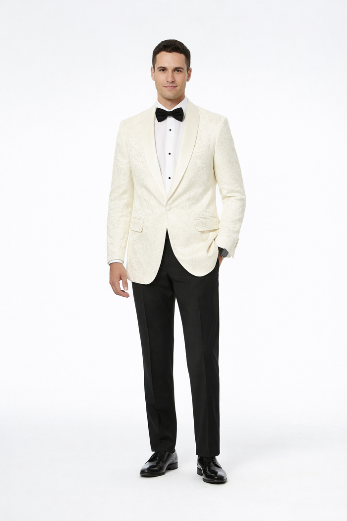 Elegant Ivory Paisley Shawl Lapel Tuxedo Jacket – Men’s Wedding & Prom Blazer