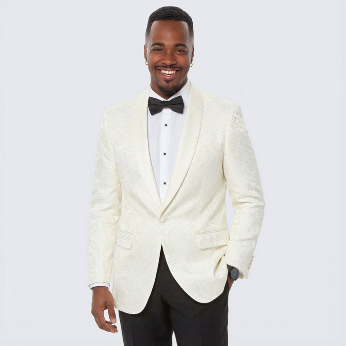 Elegant Ivory Paisley Shawl Lapel Tuxedo Jacket – Men’s Wedding & Prom Blazer