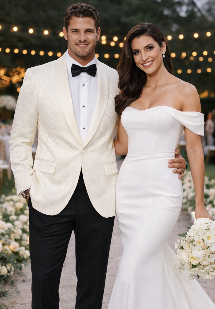 Elegant Ivory Paisley Shawl Lapel Tuxedo Jacket – Men’s Wedding & Prom Blazer