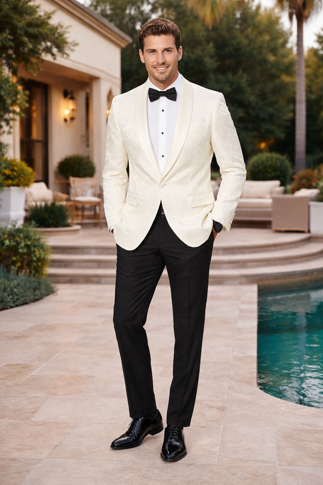 Elegant Ivory Paisley Shawl Lapel Tuxedo Jacket – Men’s Wedding & Prom Blazer