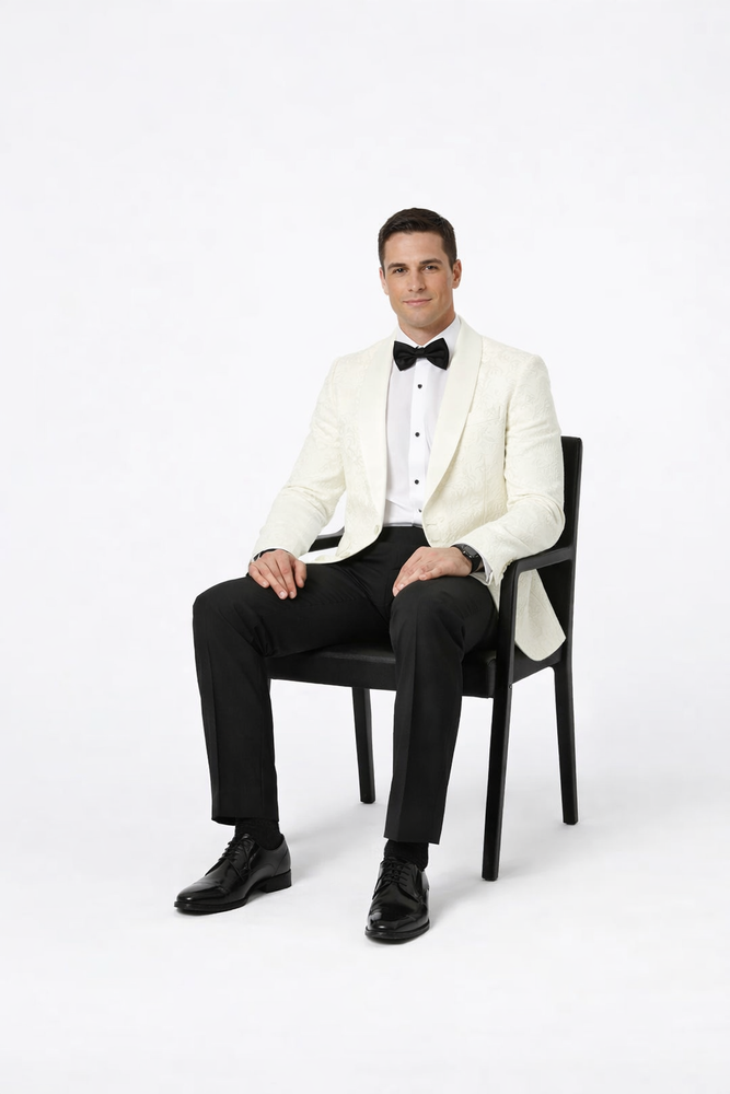 Elegant Ivory Paisley Shawl Lapel Tuxedo Jacket – Men’s Wedding & Prom Blazer