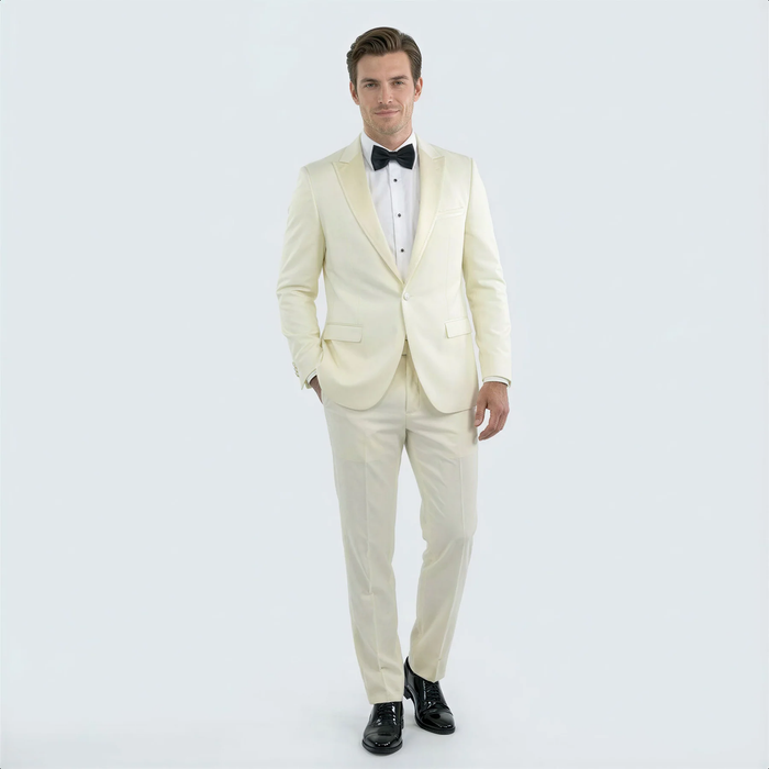 Elegant Ivory Slim Fit Tuxedo with Peak Lapel – Groom & Prom Suit