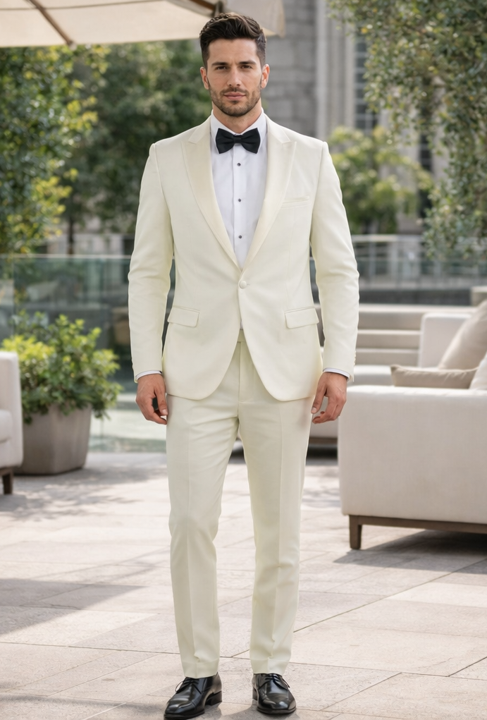 Elegant Ivory Slim Fit Tuxedo with Peak Lapel – Groom & Prom Suit