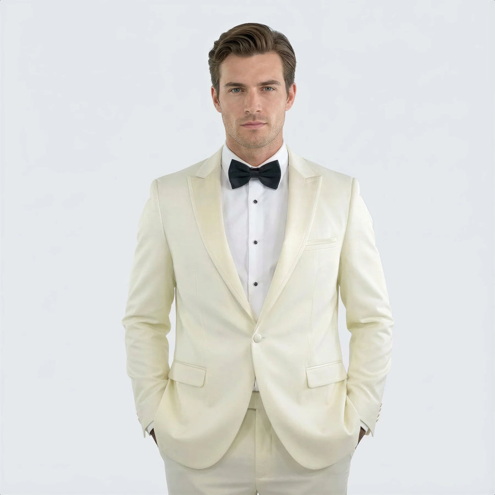 Elegant Ivory Slim Fit Tuxedo with Peak Lapel – Groom & Prom Suit
