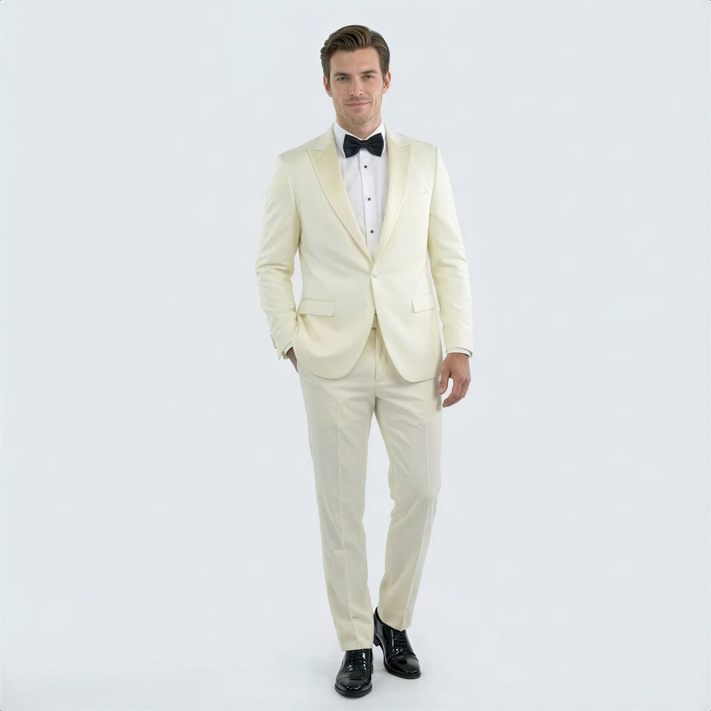 Elegant Ivory Slim Fit Tuxedo with Peak Lapel – Groom & Prom Suit
