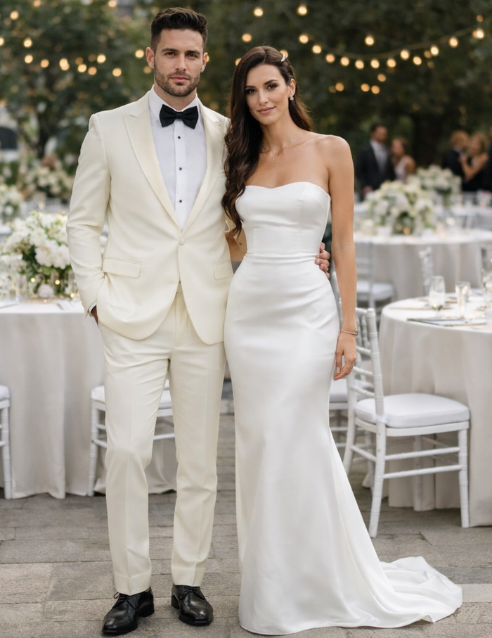 Elegant Ivory Slim Fit Tuxedo with Peak Lapel – Groom & Prom Suit