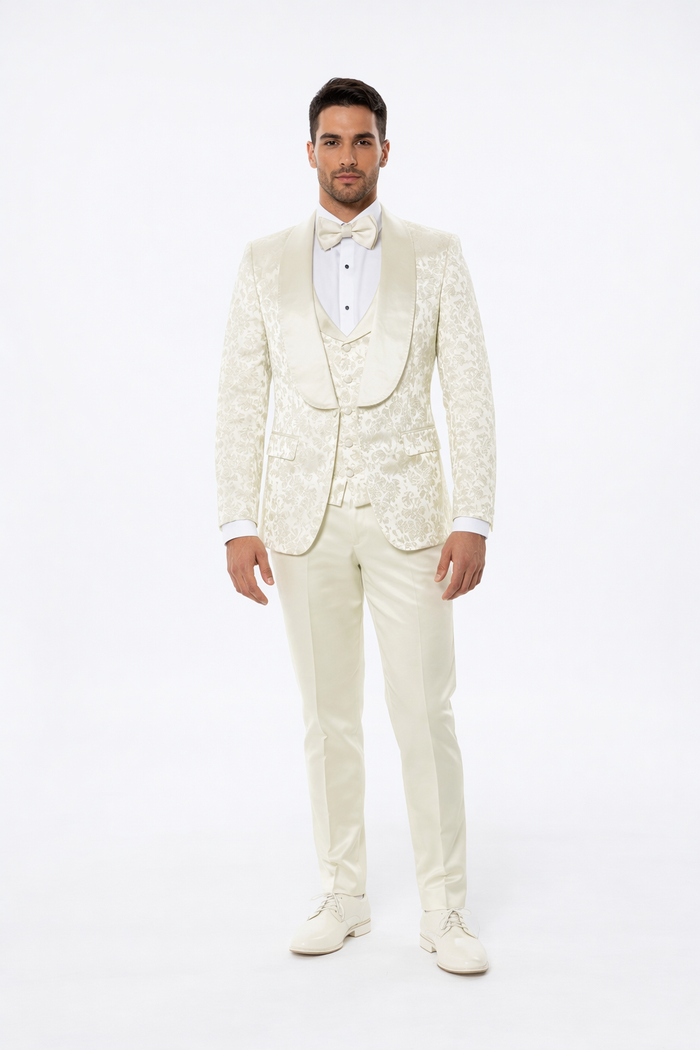 Luxury Ivory Floral Tuxedo Set – Wide Shawl Lapel for Wedding & Prom