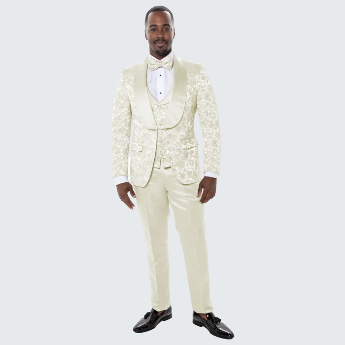 Luxury Ivory Floral Tuxedo Set – Wide Shawl Lapel for Wedding & Prom