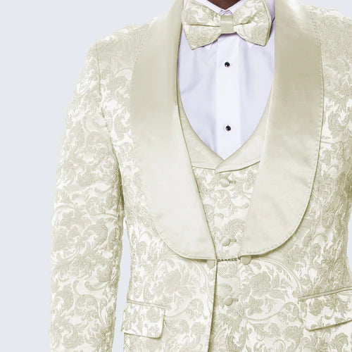 Luxury Ivory Floral Tuxedo Set – Wide Shawl Lapel for Wedding & Prom