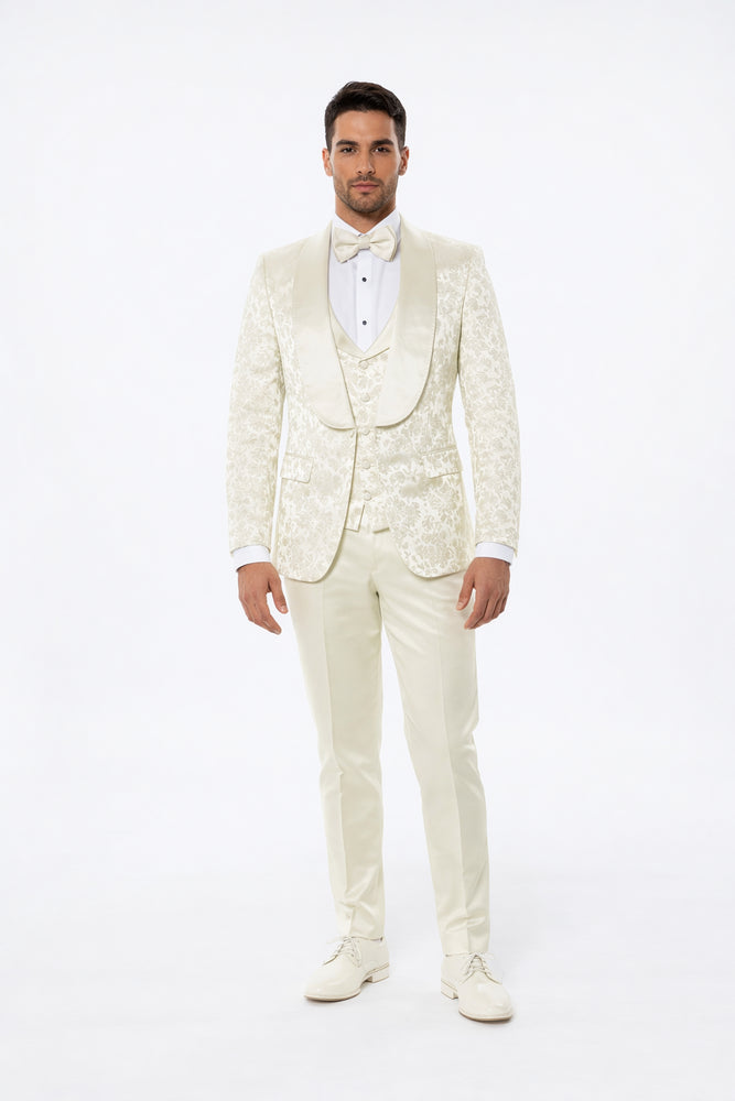 Luxury Ivory Floral Tuxedo Set – Wide Shawl Lapel for Wedding & Prom