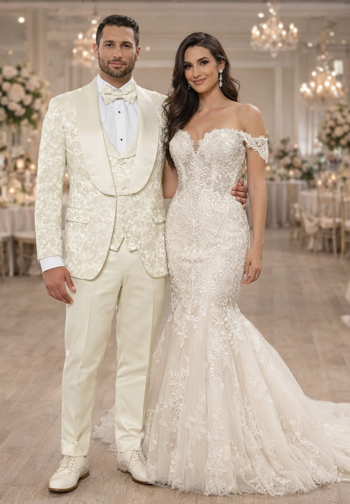 Luxury Ivory Floral Tuxedo Set – Wide Shawl Lapel for Wedding & Prom