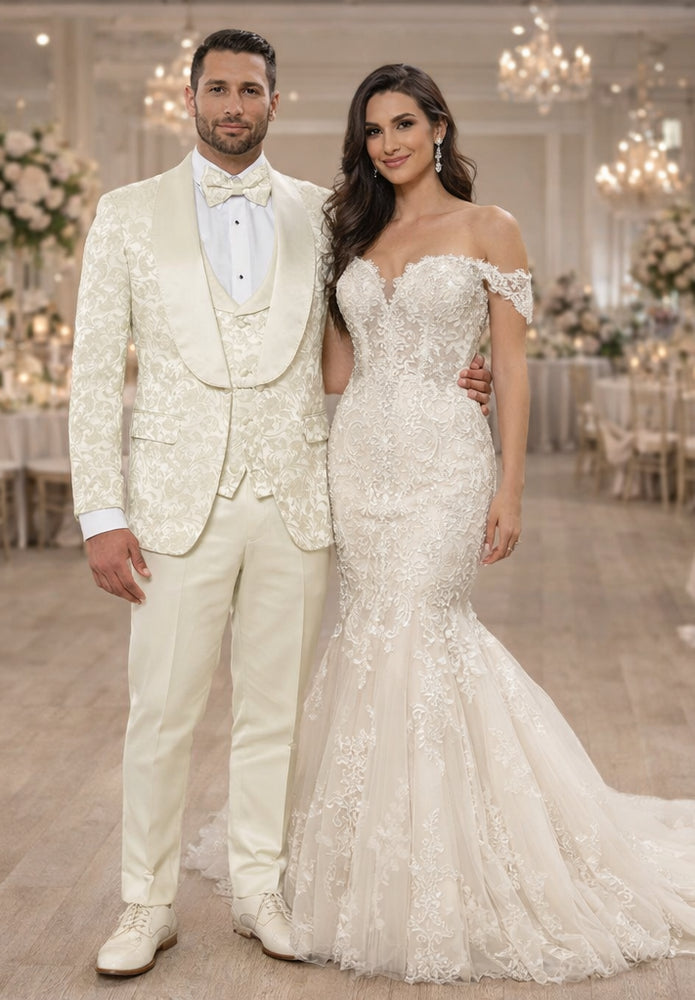 Luxury Ivory Floral Tuxedo Set – Wide Shawl Lapel for Wedding & Prom