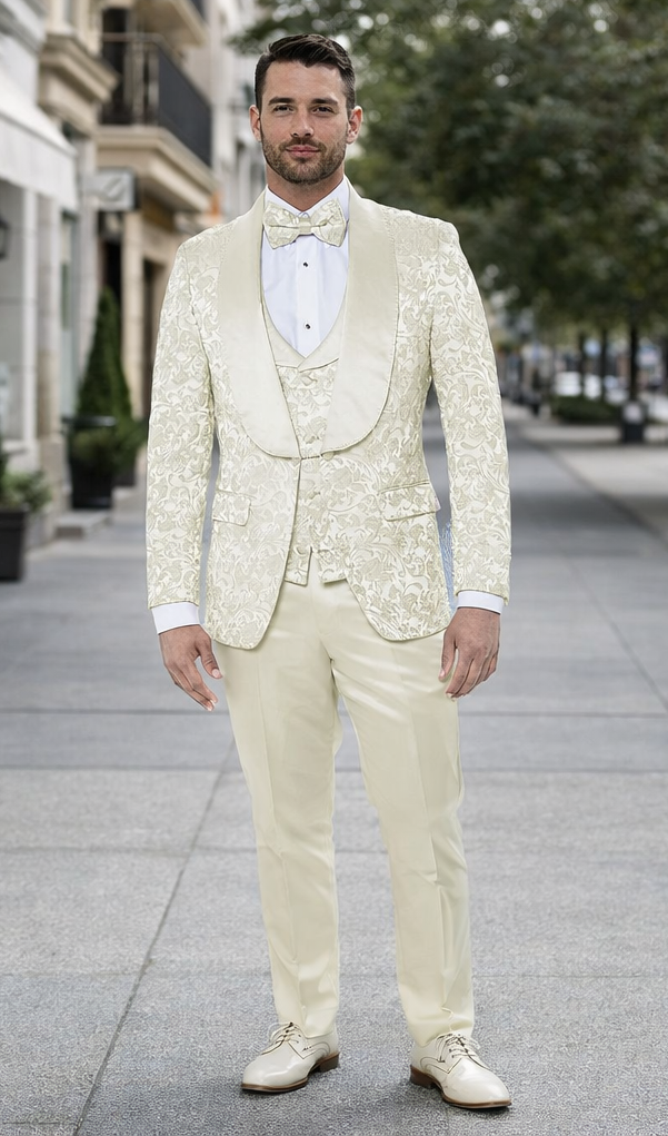 Luxury Ivory Floral Tuxedo Set – Wide Shawl Lapel for Wedding & Prom