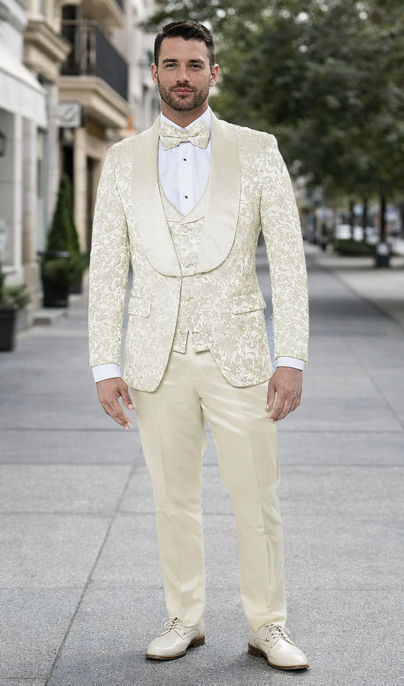 Luxury Ivory Floral Tuxedo Set – Wide Shawl Lapel for Wedding & Prom