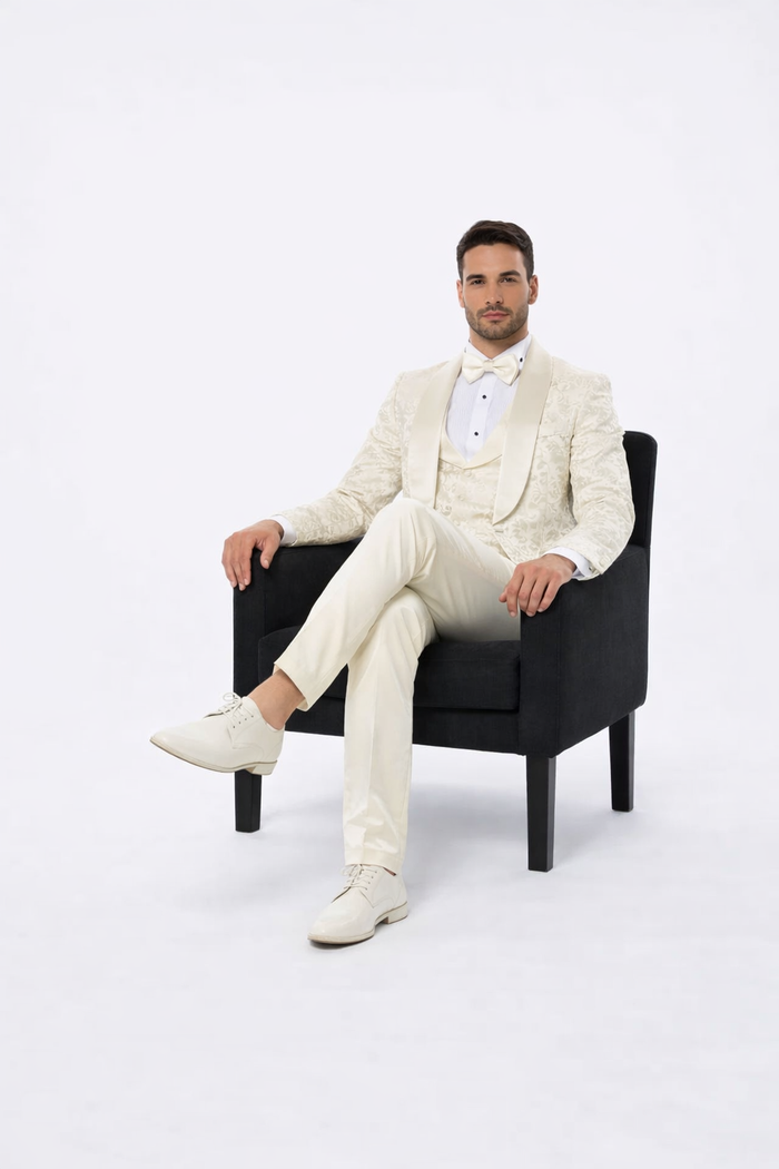 Luxury Ivory Floral Tuxedo Set – Wide Shawl Lapel for Wedding & Prom