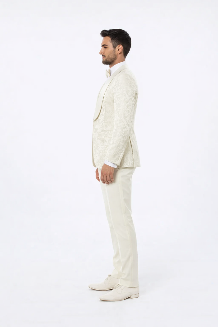 Luxury Ivory Floral Tuxedo Set – Wide Shawl Lapel for Wedding & Prom