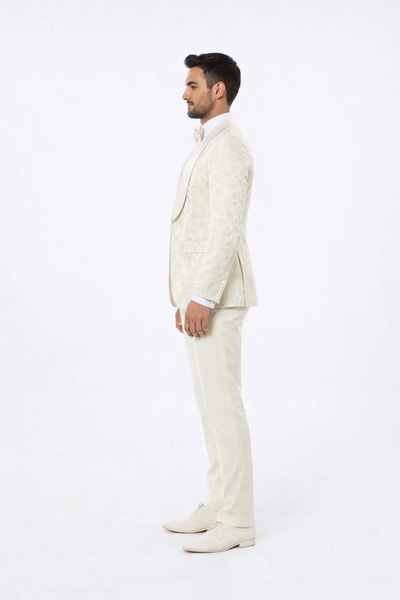 Luxury Ivory Floral Tuxedo Set – Wide Shawl Lapel for Wedding & Prom