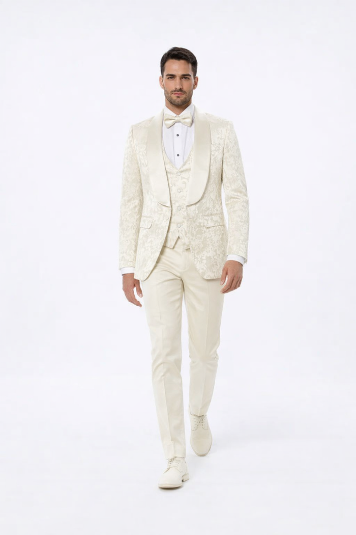 Luxury Ivory Floral Tuxedo Set – Wide Shawl Lapel for Wedding & Prom