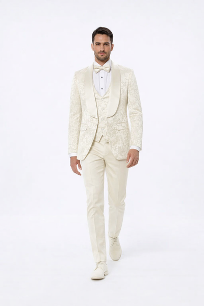 Luxury Ivory Floral Tuxedo Set – Wide Shawl Lapel for Wedding & Prom