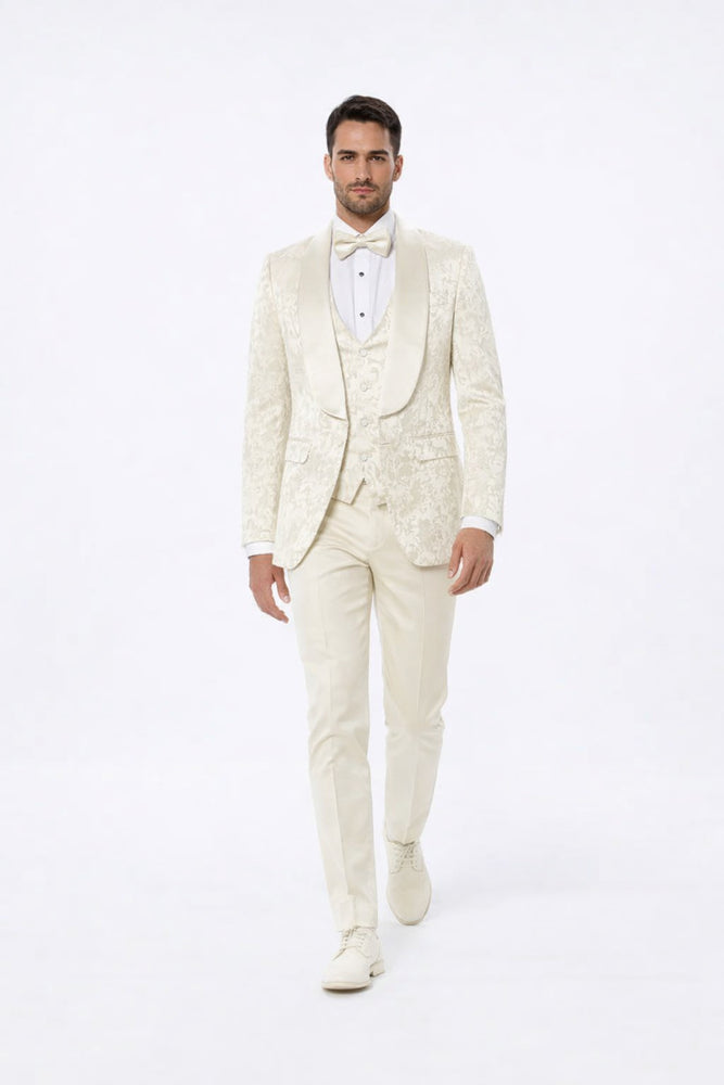 Luxury Ivory Floral Tuxedo Set – Wide Shawl Lapel for Wedding & Prom