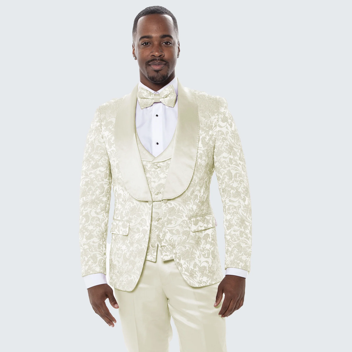 Luxury Ivory Floral Tuxedo Set – Wide Shawl Lapel for Wedding & Prom