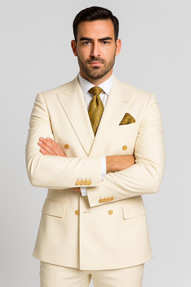 Off White - Ivory - Cream Color White Double Breasted Stylish Peaked Lapel Men Suits