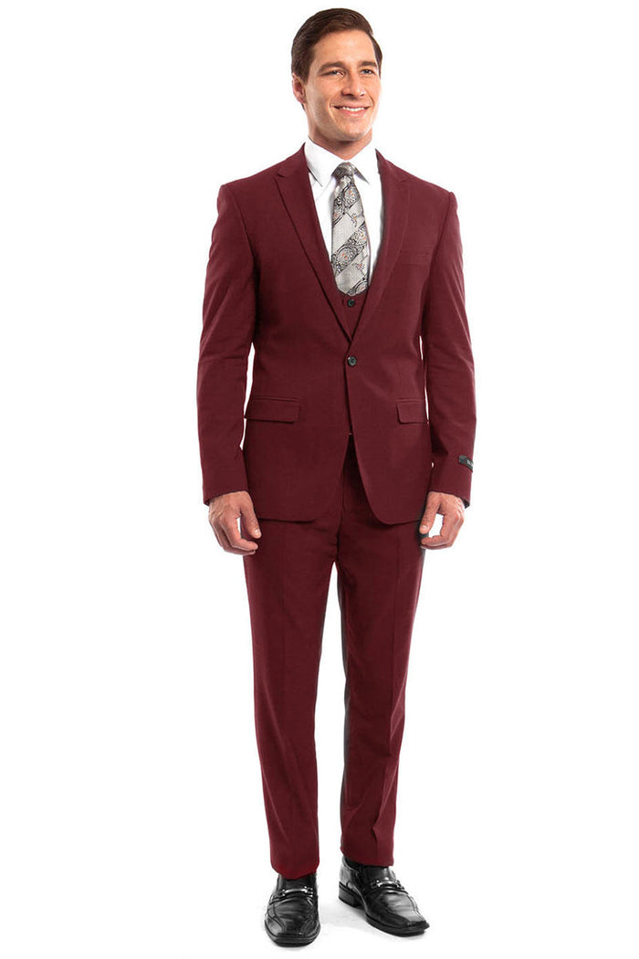 Men's Red Peak Lapel Slim Suit & Vested Set from Tazzio Suits