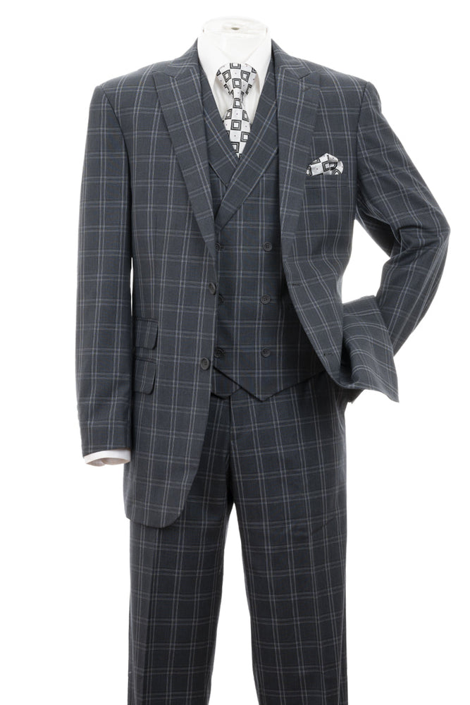 "Grey Windowpane Plaid Men's Double Breasted 2 Button Vest Suit"