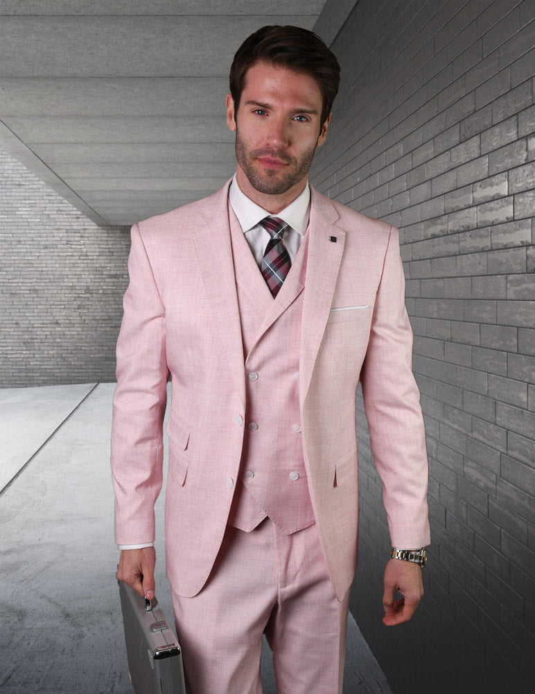 Mens Ticket Pocket Peak Lapel Double breasted Vest 100% Wool Tom Ford Style Modern Fit in Color "Pink" By Statement