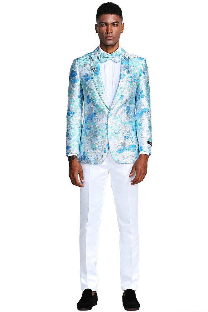 Men's Sky Blue Paisley Tuxedo Jacket by Tazzio Suits