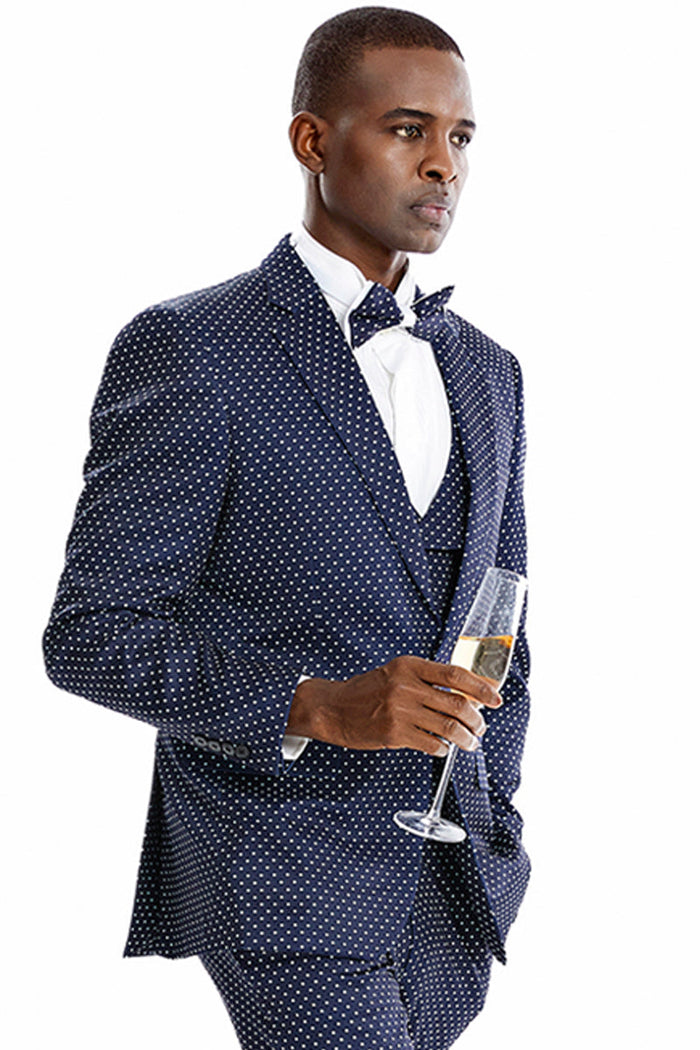 Men's Navy & White Polka Dot Vested Suit by Tazzio Suits