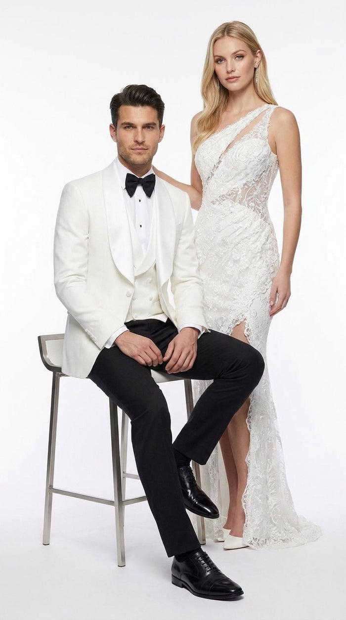 Men’s White 3-Piece Tuxedo Suit – Wide Shawl Lapel Wedding, Prom and Formal Suit