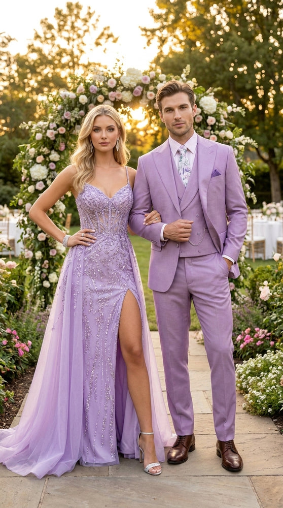 Men’s Lavender Modern Fit 3 Piece Suit, Lapel Vest Wedding Prom Formal Suit with Adjustable Pants