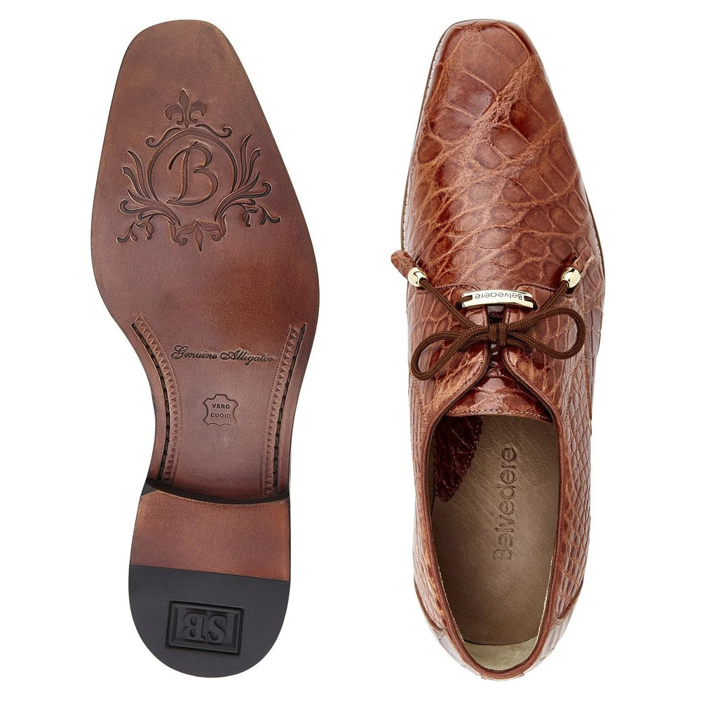 Men's Belvedere Lago Plain Toe American Alligator Dress Shoe in Cognac