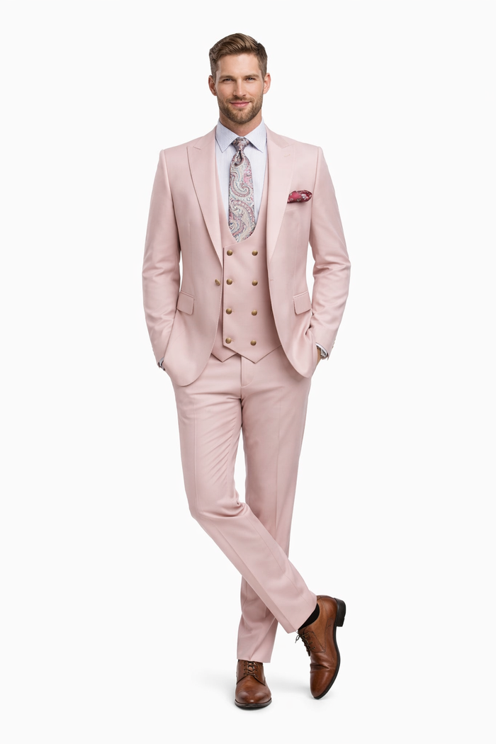 Blush Pink 3-Piece Suit with Double-Breasted Vest by Rossiman