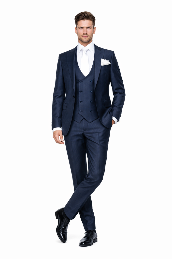 Midnight Navy Textured 3-Piece Luxury Gala Suit with White Accents by Rossiman