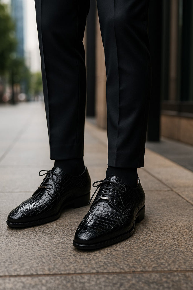 Marco Di Milano Leonardo Black Genuine Caiman Crocodile Dress Derby Oxfords
