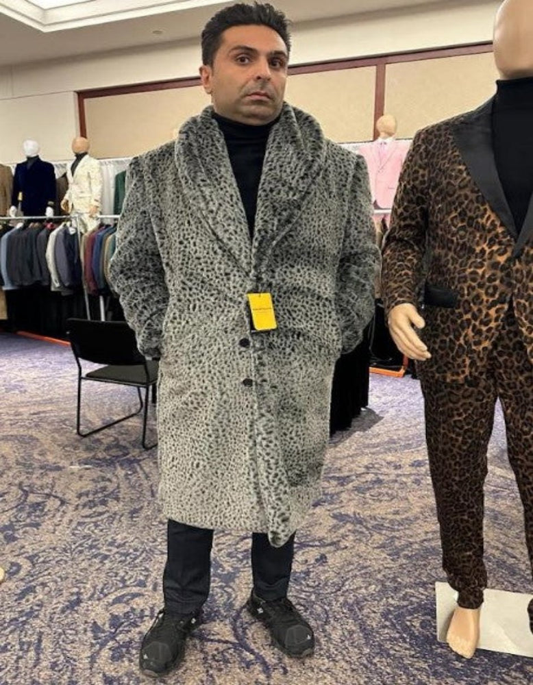 Gray Fur coat - Leopard Faux Fur Coat With Full Length - Grey Winter Coat