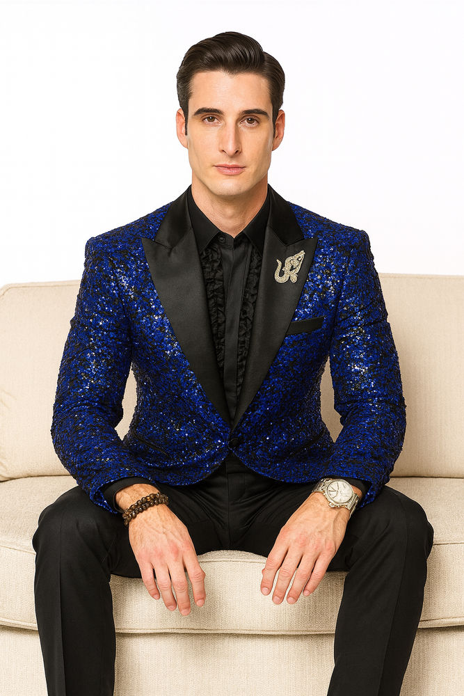 Glitter Sparkly Royal ~ Black Men's Sequin Paisley Dinner Jacket Tuxedo