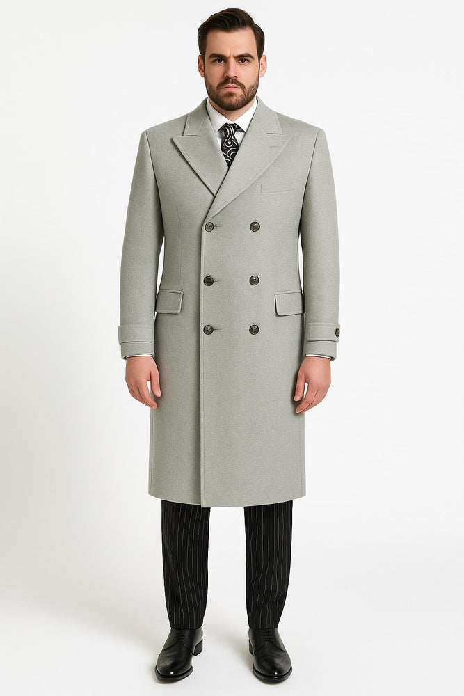 Mens Light Gray Double-Breasted Wool Overcoat – Classic Long Dress Coat for Winter