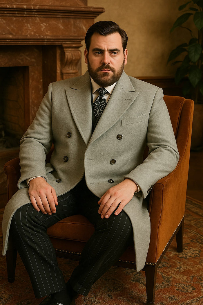 Mens Light Gray Double-Breasted Wool Overcoat – Classic Long Dress Coat for Winter