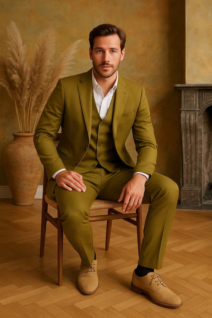 Mens Light Olive Green Suit Three-Piece Style  – Formal Suit with Vest and Flat Front Pants