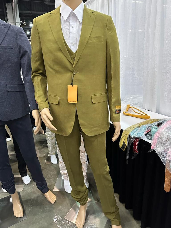Mens Light Olive Green Suit Three-Piece Style  – Formal Suit with Vest and Flat Front Pants
