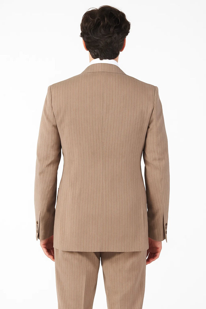 Suits With Baggy Pleated Pants - Wide Leg Pants 100% Wool - Classic Fit in Light Brown with Brown Pinstripe Color by Rossiman