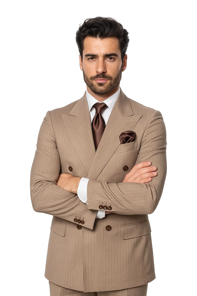 Suits With Baggy Pleated Pants - Wide Leg Pants 100% Wool - Classic Fit in Light Brown with Brown Pinstripe Color by Rossiman