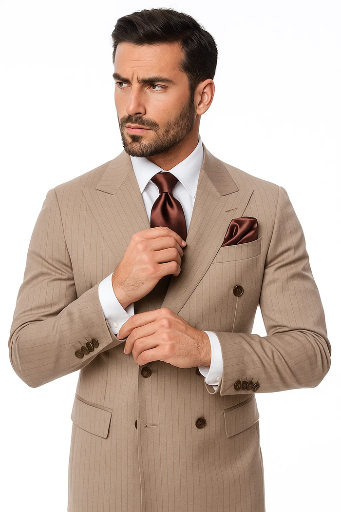 Suits With Baggy Pleated Pants - Wide Leg Pants 100% Wool - Classic Fit in Light Brown with Brown Pinstripe Color by Rossiman