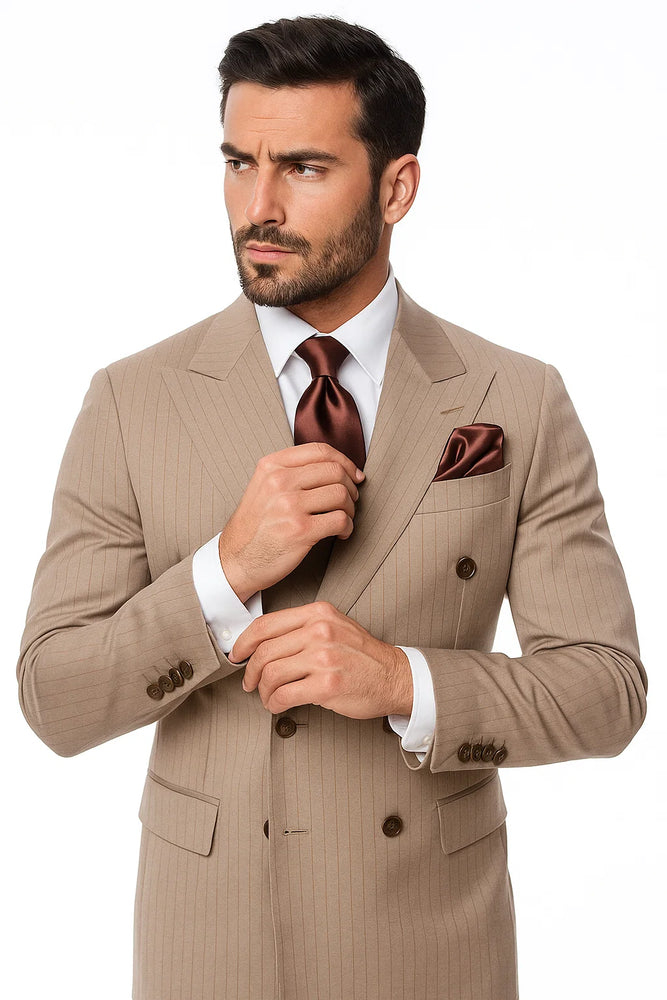 Suits With Baggy Pleated Pants - Wide Leg Pants 100% Wool - Classic Fit in Light Brown with Brown Pinstripe Color by Rossiman